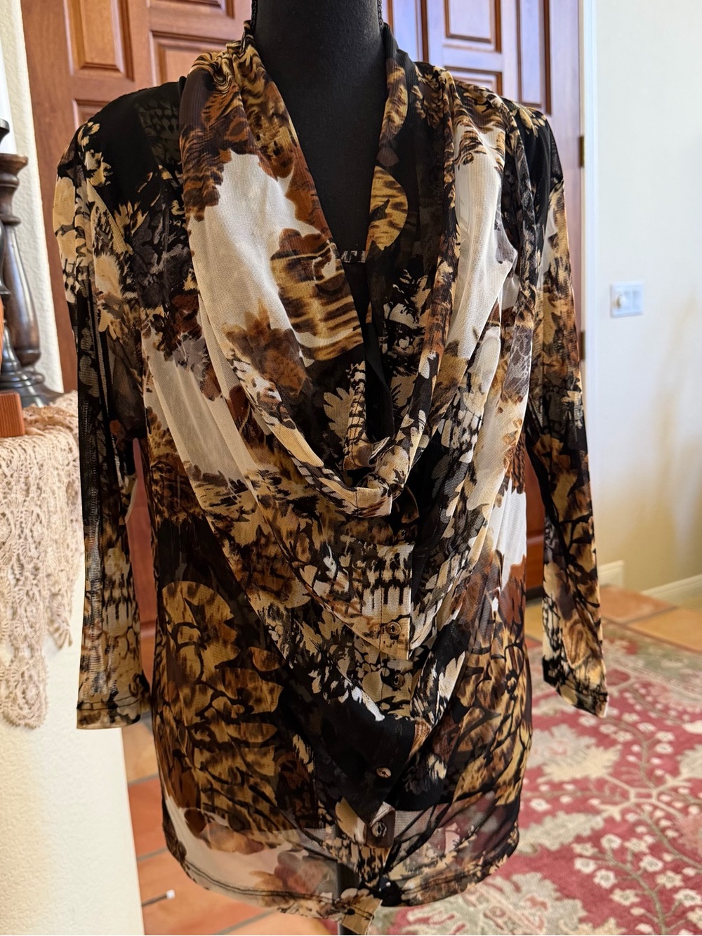 Lynn Ritchie Silver Women’s Brown Multicolor Cowl Neck  Layered Shirt Size M